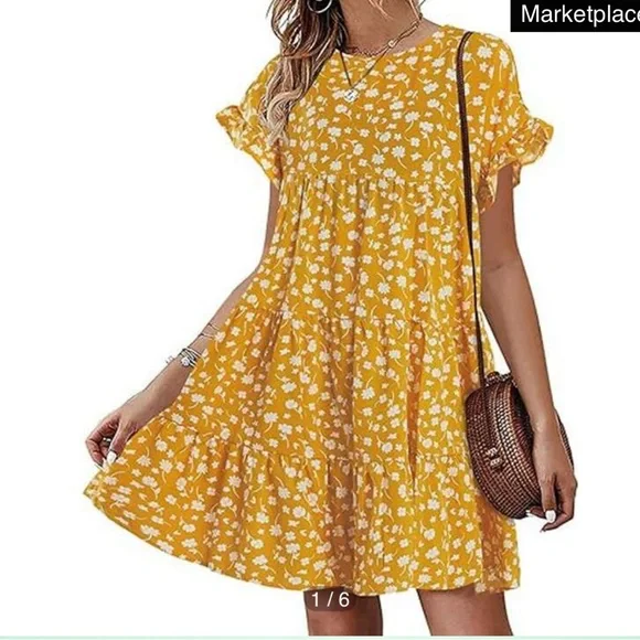 🤎 SUZANNE BETRO SIZE L BABYDOLL TIERED GOLD FLORAL LOOSE DRESS NWOT BOHO STYLE - Picture 1 of 12